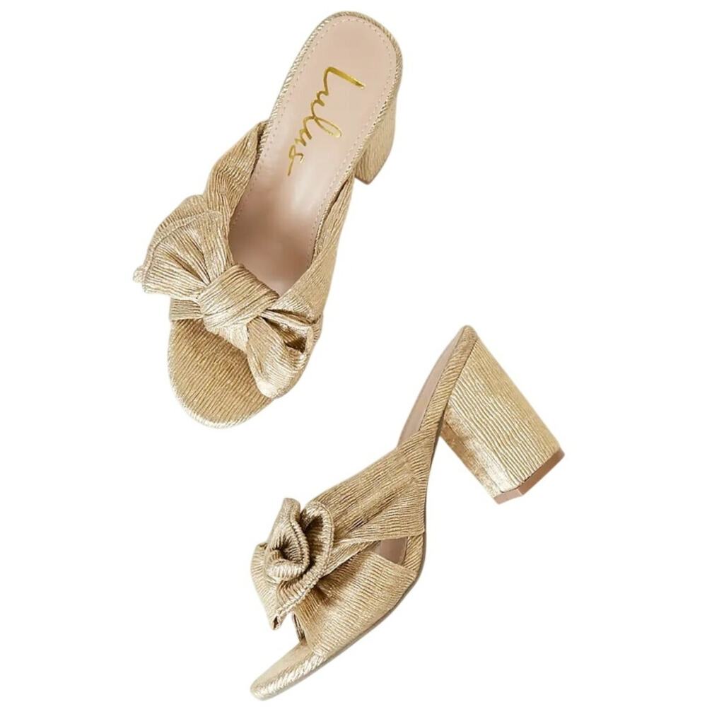 Lulus Dorothea Gold Knotted High Heel Sandals Size 8.5 Block Metallic Slip On